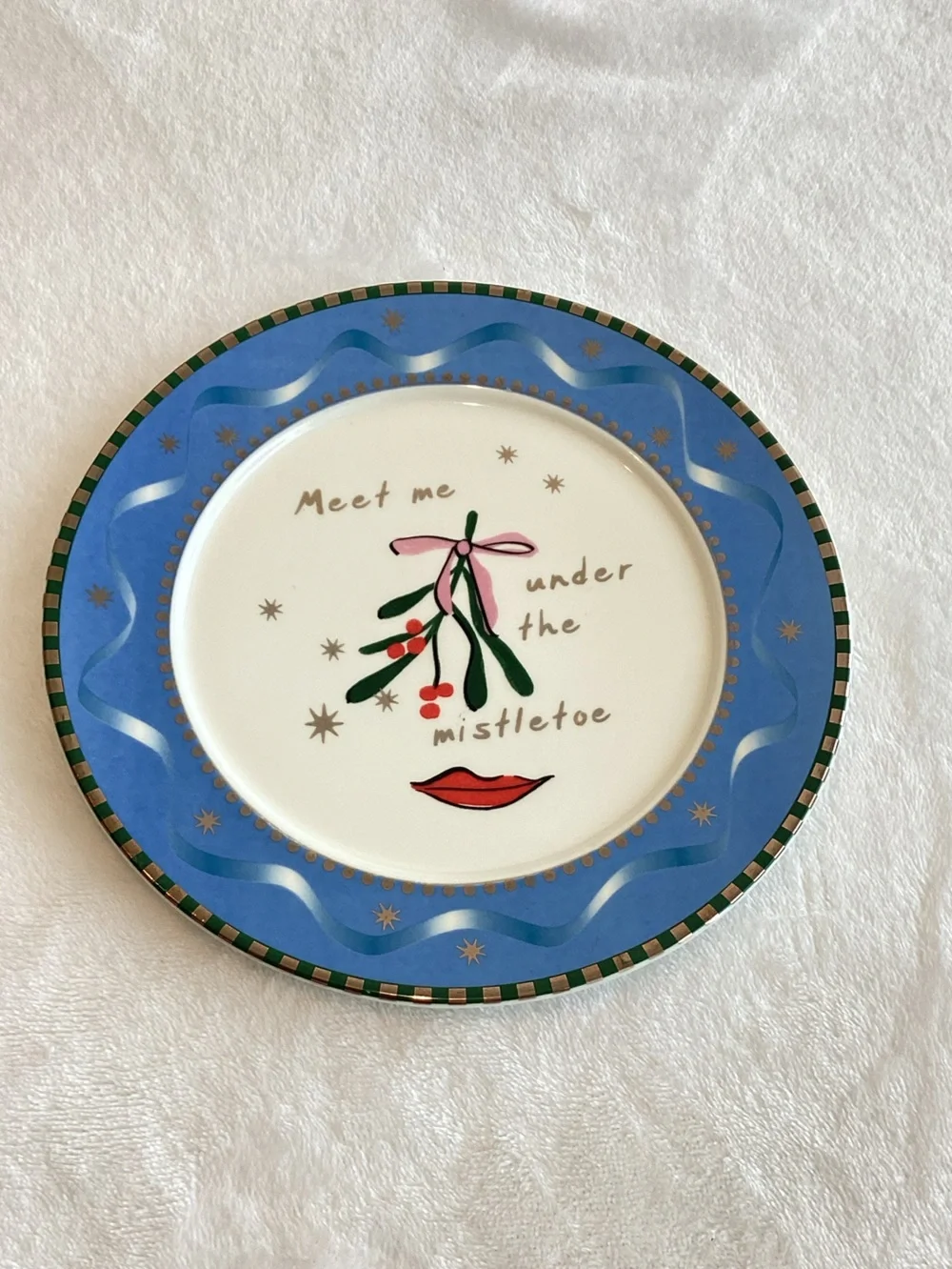 🌲Anthropologie Caroline Stoneware Plate New Meet Me Under The Mistletoe 8” Blue